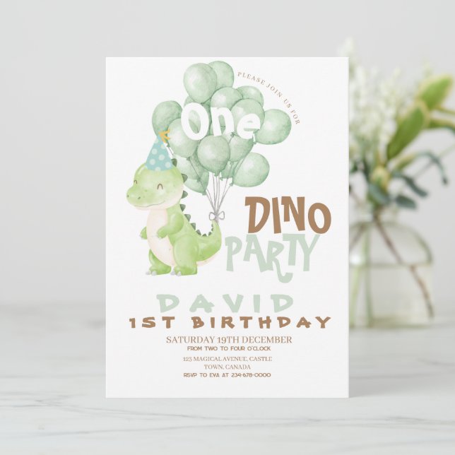 Dinosaur 1st Birthday Watercolor Balloons Invitation (Standing Front)