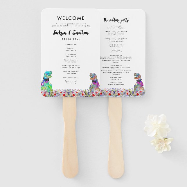 Dinosaur 2 Grooms Gay Wedding Day Program Hand Fan (Front and Back)