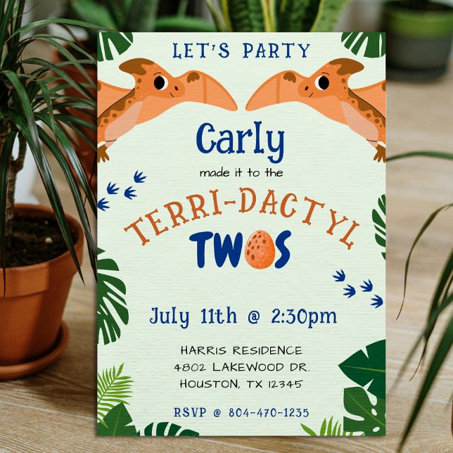 Dinosaur 2nd Birthday Funny Green Pterodactyl  Invitation (Dinosaur 2nd Birthday Funny Green Pterodactyl Invitation )