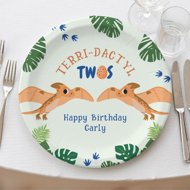 Dinosaur 2nd Birthday Funny Green Pterodactyl  Paper Plate (Dinosaur 2nd Birthday Funny Green Pterodactyl Paper Plates
)