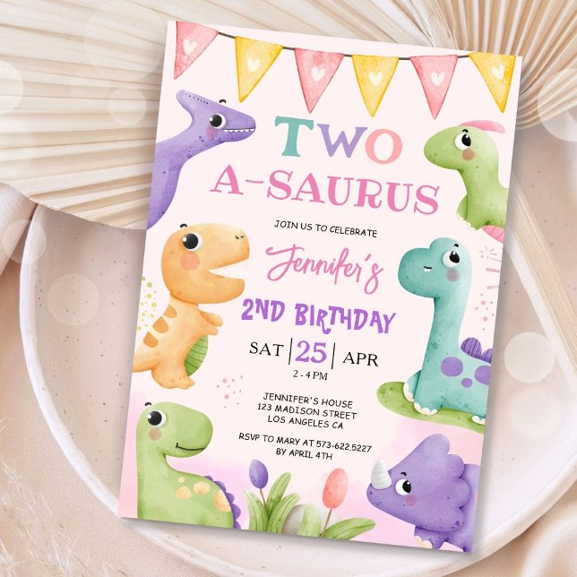 Dinosaur 2nd Birthday Girl Cute TWO A-Saurus Party Invitation (Creator Uploaded)