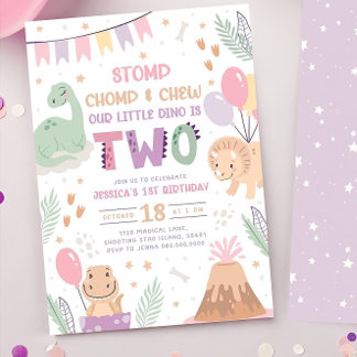 Dinosaur 2nd Birthday Invitations Girl. Cute Baby 