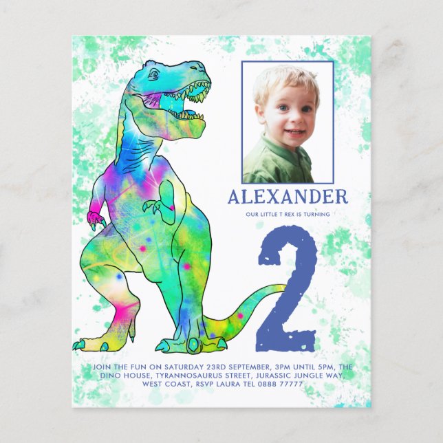 Dinosaur 2nd Birthday Party Photo Budget Flyer (Front)