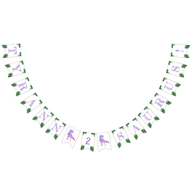 Dinosaur 2nd Birthday Purple Tyrannosaurus Rex Bunting Flags (All)