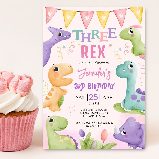 Dinosaur 3rd Birthday Girl Cute Three Rex Birthday Invitation (Creator Uploaded)