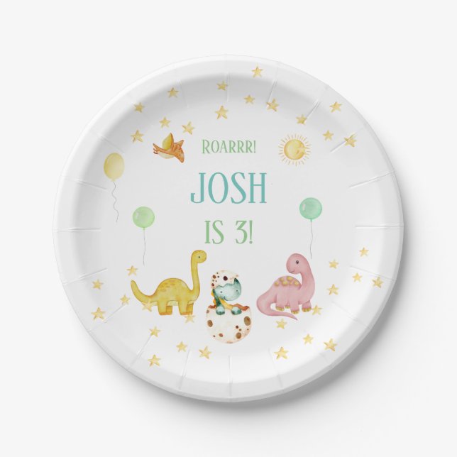 Dinosaur 3rd Birthday Kids Paper Plate (Front)