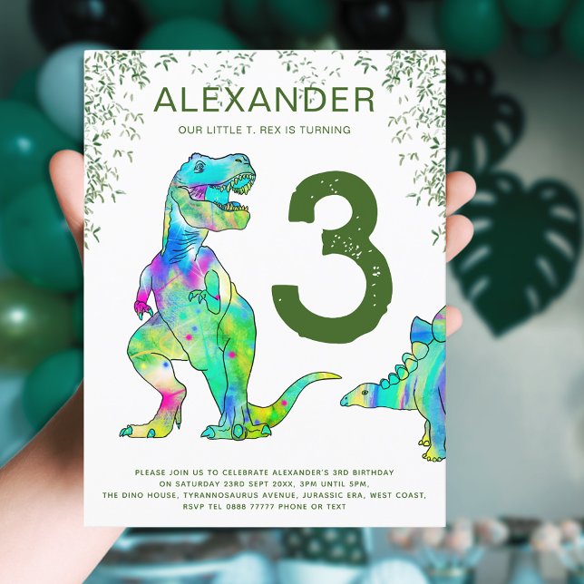 Dinosaur 3rd Birthday Party Budget Invitation Postcard (T-Rex dinosaur jungle 3rd birthday party budget invitation postcard green)