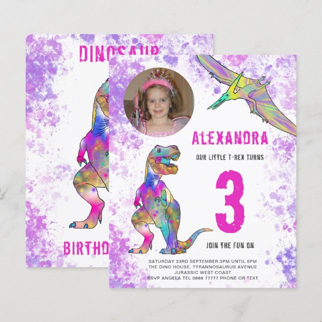 Dinosaur 3rd Birthday Party Photo Pink (Front/Back)