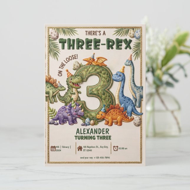 Dinosaur 3rd Birthday Three-Rex Party  Birthday Invitation (Standing Front)