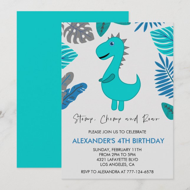 Dinosaur 4e anniversaire invitation jungle rugisse (Devant / Derrière)