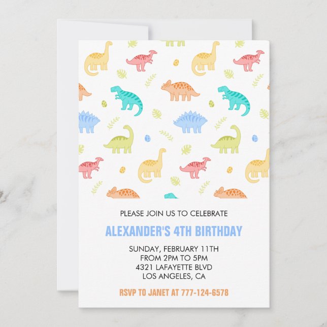 Dinosaur 4th birthday boy jungle kids t rex blue invitation (Front)