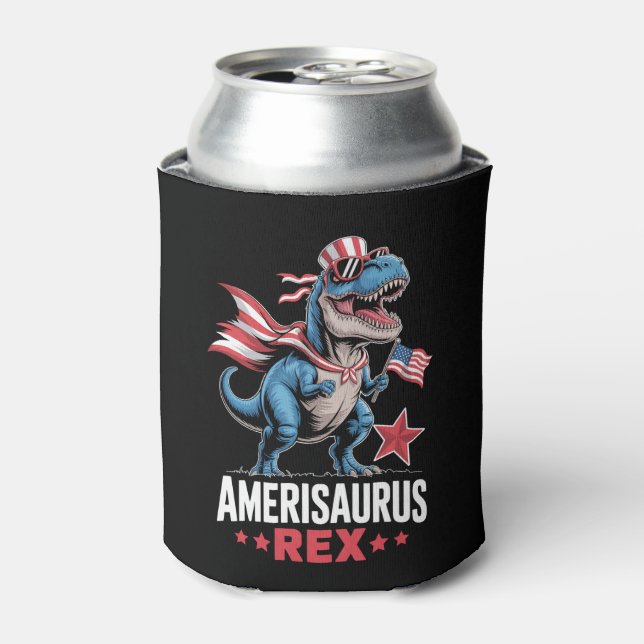 Dinosaur 4th of July Amerisaurus T Rex Funny Can Cooler (Can Front)