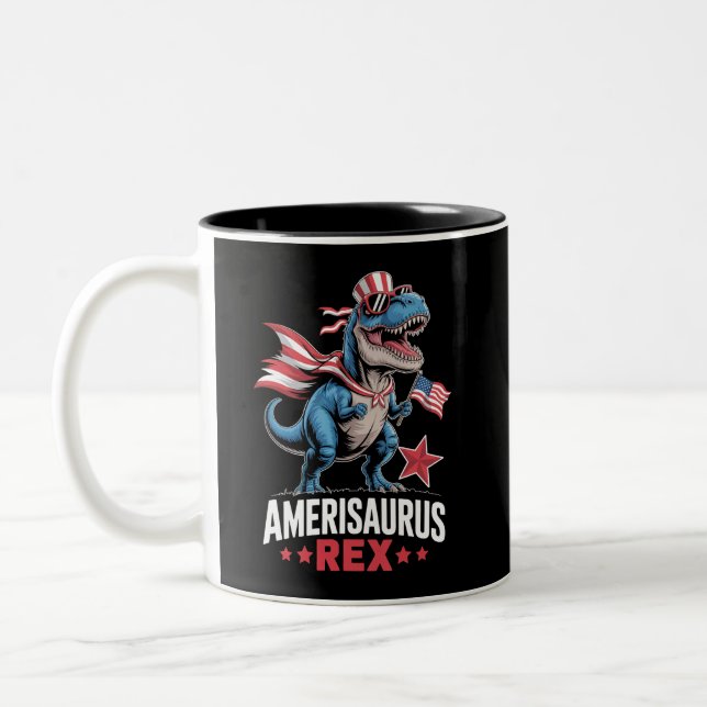 Dinosaur 4th of July Amerisaurus T Rex Funny Two-Tone Coffee Mug (Left)