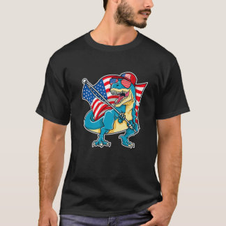 Dinosaur 4th of July Boys T Rex American Flag USA  T-Shirt