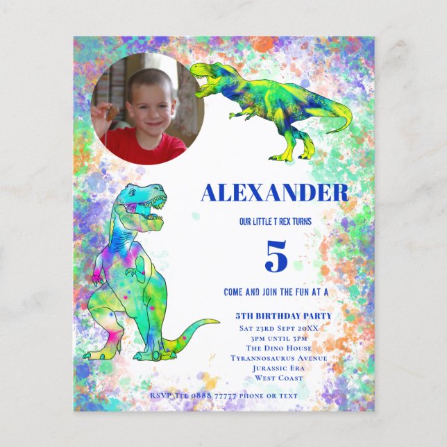 Dinosaur 5th Birthday Colourful Photo Budget Flyer (Front)