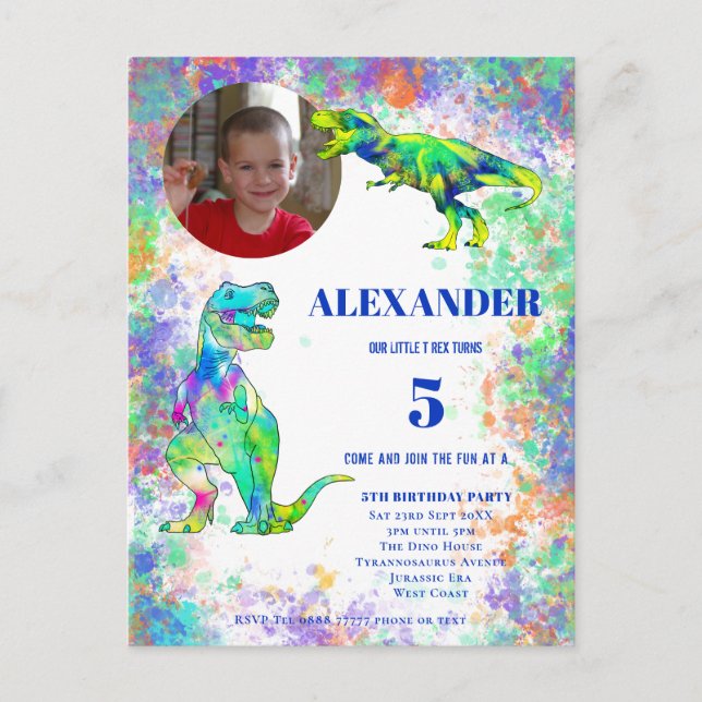 Dinosaur 5th Birthday Colourful T Rex Photo Invita Invitation Postcard (Front)