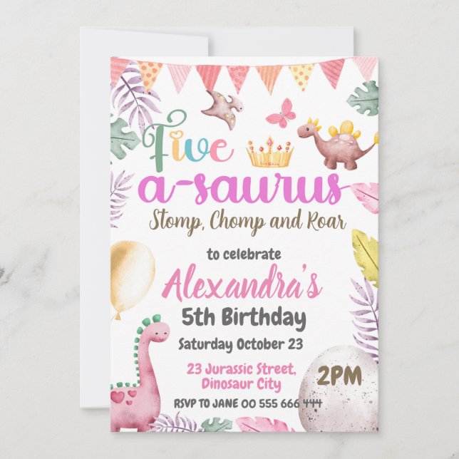 Dinosaur 5th Birthday Girl Five A-Saurus Party  Invitation (Front)