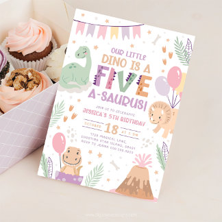 Dinosaur 5th Birthday Invitation. Five Baby Dino Invitation