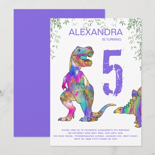 Dinosaur 5th Birthday Party for Girls purple Invitation (Front/Back)