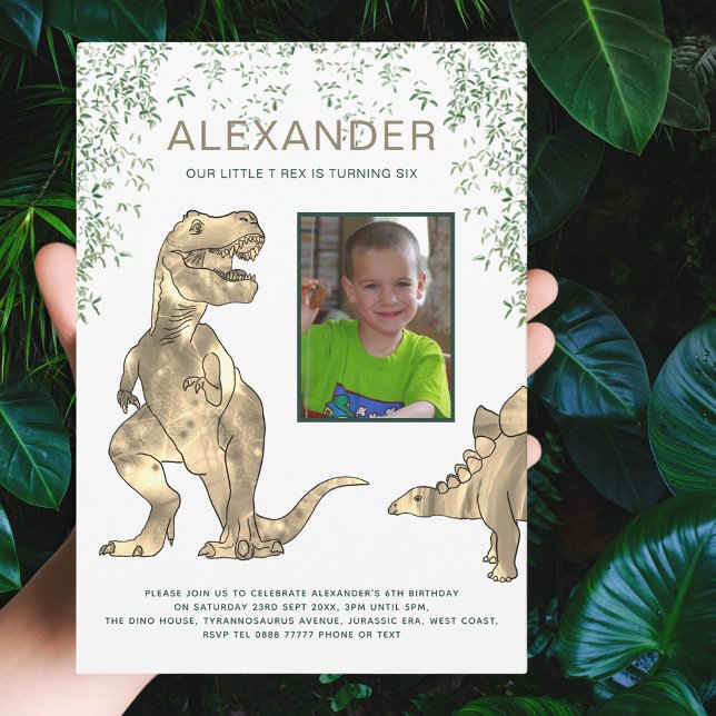 Dinosaur 6th Birthday Party Invitation (Dinosaur add photo 6th Birthday party invitation with T-Rex and Stegosaurus dino with jungle foliage)