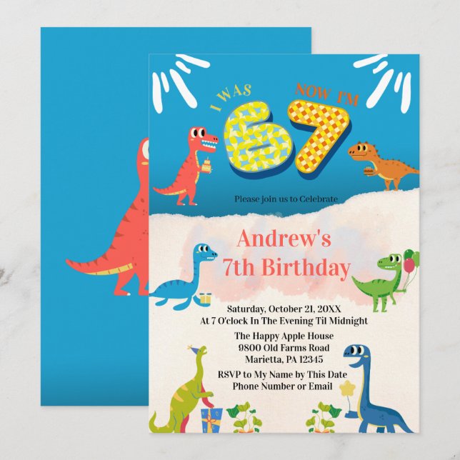 Dinosaur 7th Birthday Party I Was 6 Now I'm 7 Invitation (Front/Back)