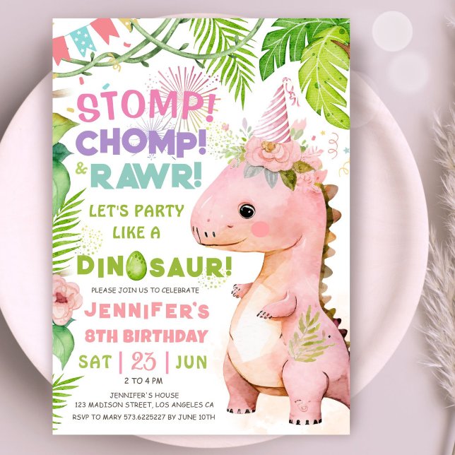 Dinosaur 8th Birthday Party Pink Dinosaur Girls In Invitation (Creator Uploaded)