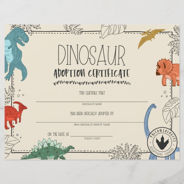 Dinosaur Adoption Certificate (Front)