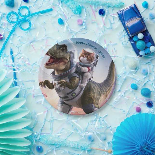 Dinosaur and Cat Astronaut Customizable Paper Plate (Party)