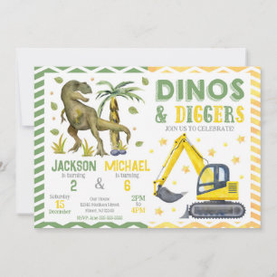Dinosaur and Construction Joint Birthday Invitation