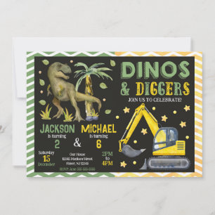 Dinosaur and Construction Joint Birthday Invitation