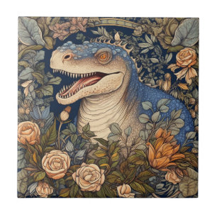 Dinosaur and flowers art nouveau style tile