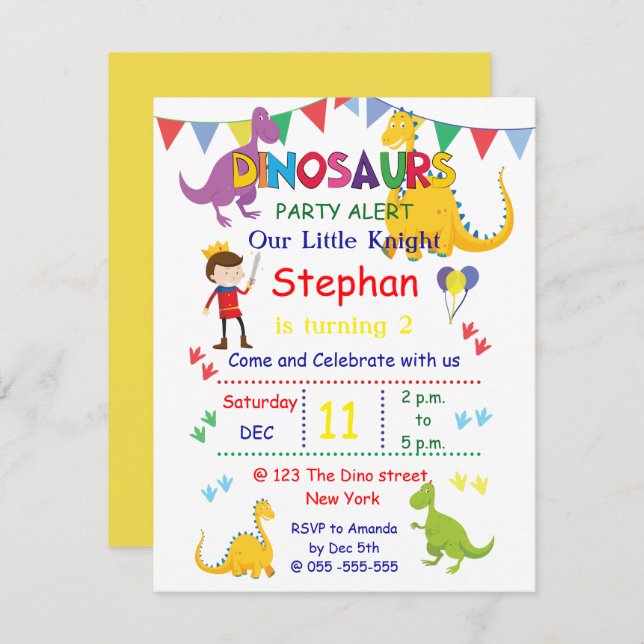 Dinosaur and Knight Birthday party Invitations (Front/Back)