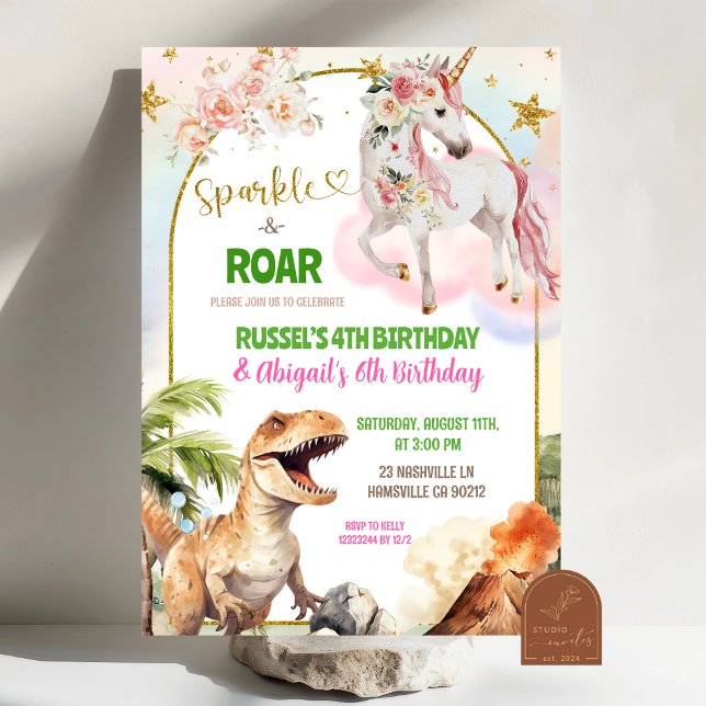 Dinosaur and Rainbow Pastel Unicorn Joint Birthday Invitation (Creator Uploaded)