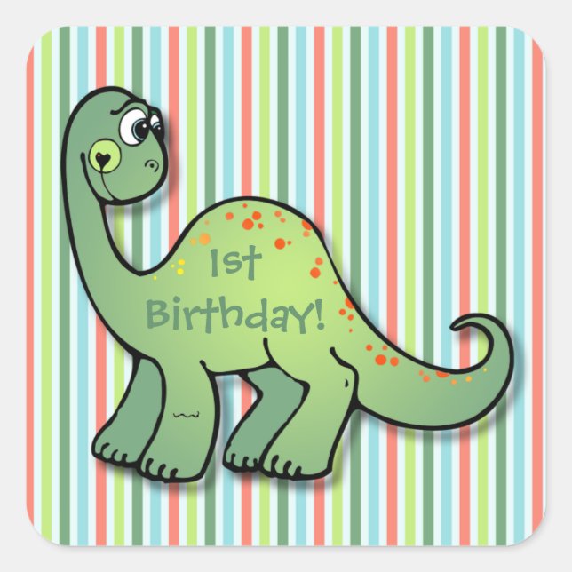 Dinosaur and Stripes 1st Birthday 1.5" Sq. Sticker (Front)
