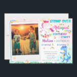 Dinosaur and Unicorn birthday invitation for two<br><div class="desc">Stomp over for a magical birthday! Unicorn and Dinosaur birthday invitation for two with photo Dinosaur and unicorn invitation Magical invitation Magical birthday invitation. Invite your friends with this cute watercolor magical theme invitation! This dino and unicorn birthday invitation features happy little unicorn, curious little dinosaur, some flowers and rainbows...</div>