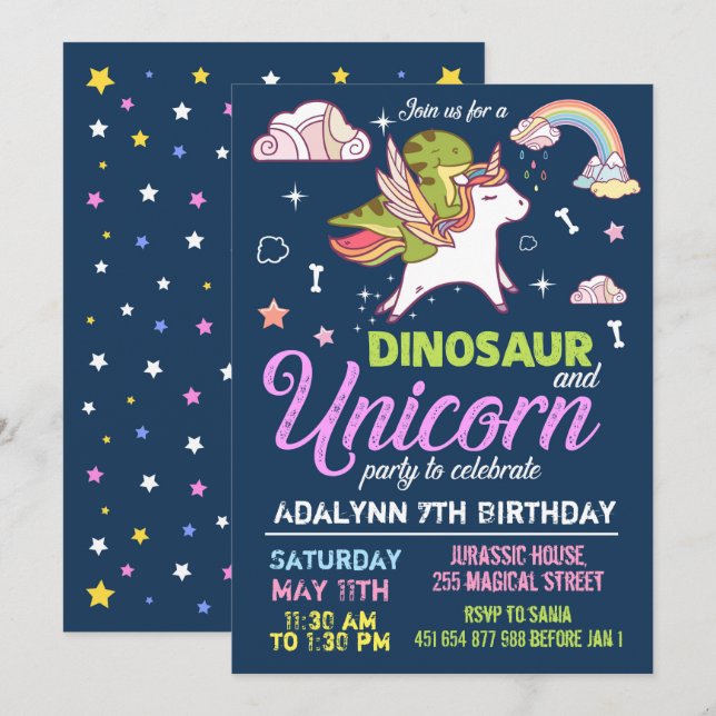 Dinosaur and Unicorn Invitation - SIBLING INVITE (Front/Back)