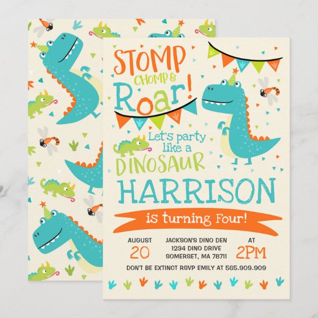 Dinosaur Anniversaire Invitation Dinosaur Roar Par (Devant / Derrière)