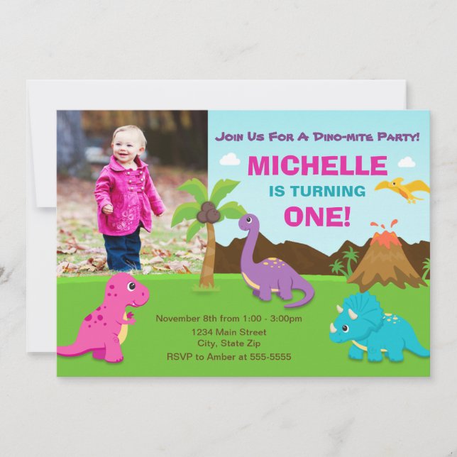 Dinosaur Anniversaire Invitation Girl, 1er Anniver (Devant)