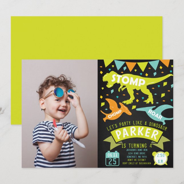 Dinosaur Anniversaire Invitation Tableau de bord p (Devant / Derrière)