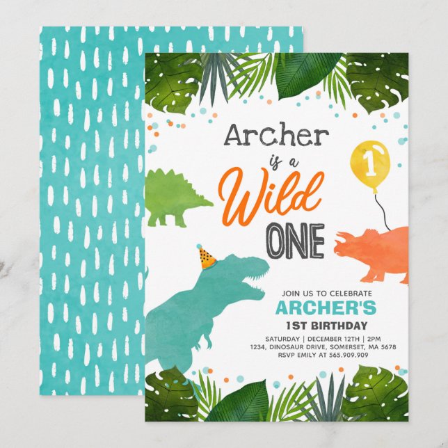 Dinosaur Anniversaire Invitation Wild One Dinosaur (Devant / Derrière)