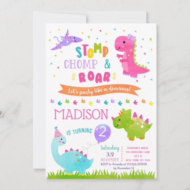 Dinosaur Anniversaire Invitations pour fille (Devant)
