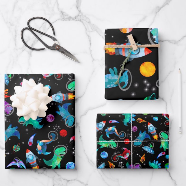 Dinosaur Astronauts Watercolor Space Dino Birthday Wrapping Paper Sheet (Front)