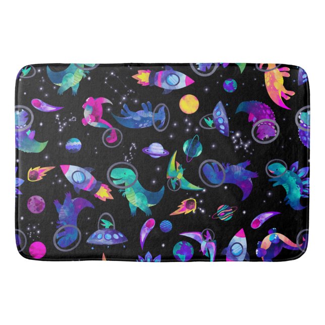Dinosaur Astronauts Watercolor Space Kids Dino Bath Mat (Front)