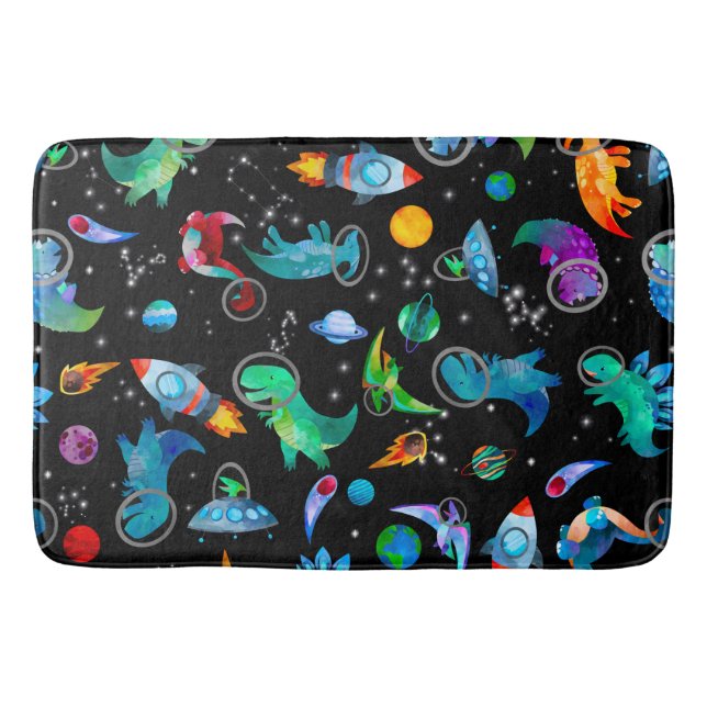 Dinosaur Astronauts Watercolor Space Kids Dino Bath Mat (Front)