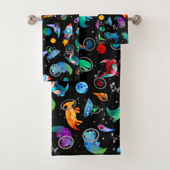 Dinosaur Astronauts Watercolor Space Kids Dino Bath Towel Set (Insitu)