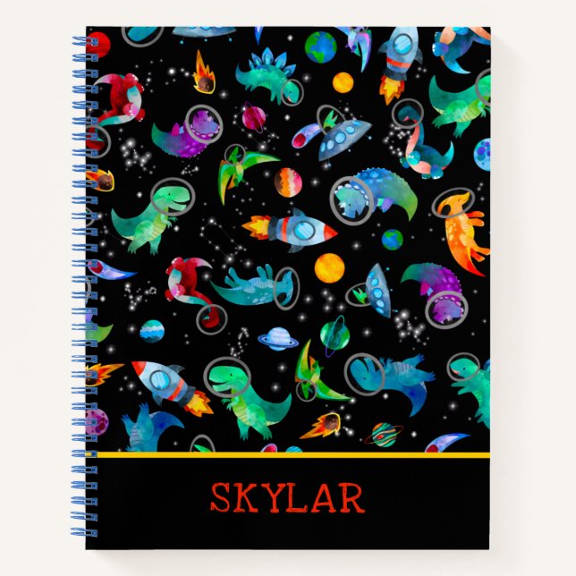 Dinosaur Astronauts Watercolor Space Personalized Notebook (Front)