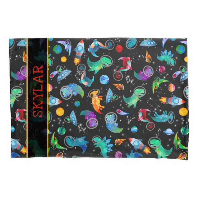 Dinosaur Astronauts Watercolor Space Personalized Pillowcase (Front)