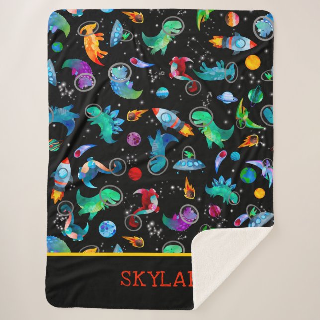 Dinosaur Astronauts Watercolor Space Personalized Sherpa Blanket (Front)