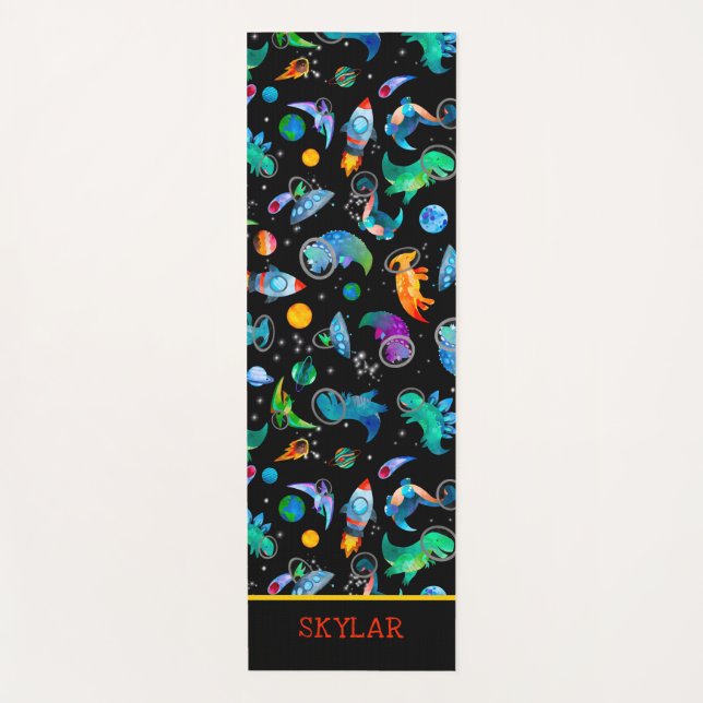 Dinosaur Astronauts Watercolor Space Personalized Yoga Mat (Front)
