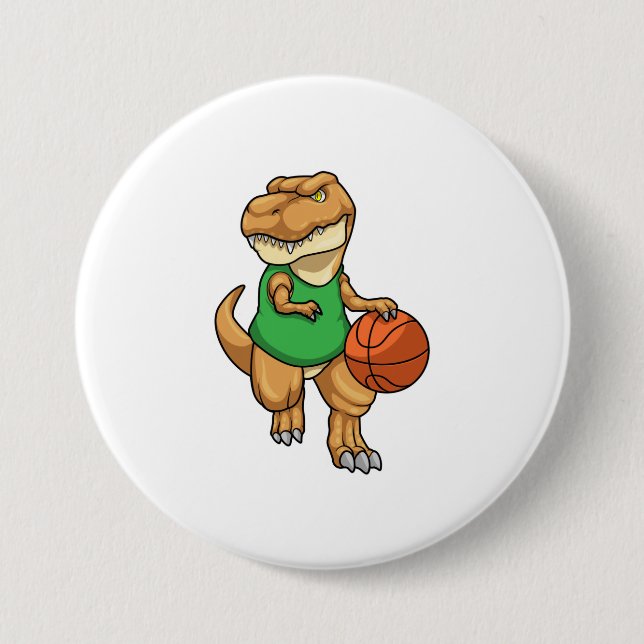 Dinosaur at Sports with Basketball 3 Inch Round Button (Front)